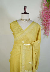 Soft Greenish Yellow - Pragathi - Artisanal Kantha Stitch Handwork Linen Cotton Saree - Perfect for Office Wear | Summer wear | Casual Wear