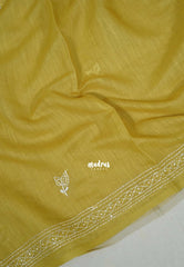 Soft Greenish Yellow - Pragathi - Artisanal Kantha Stitch Handwork Linen Cotton Saree - Perfect for Office Wear | Summer wear | Casual Wear