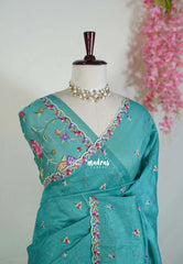 Teal Blue - Linen Cotton Saree with Petite Embroider Work - Perfect for Office Wear | Summer wear | Casual Wear