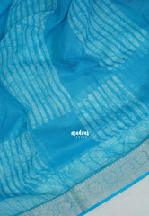 Deep Sky Blue with Stripes - Pure Kota Doriya Saree with Stripes Printed with Antique Silver Border - Perfect for Office Wear | Casual Wear | Summer Wear