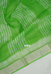 Light Lime Green with Stripes - Pure Kota Doriya Saree with Stripes Printed with Antique Silver Border - Perfect for Office Wear | Casual Wear | Summer Wear
