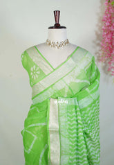 Light Lime Green - Pure Kota Doriya Saree with Square Printed with Antique Silver Border - Perfect for Office Wear | Casual Wear | Summer Wear