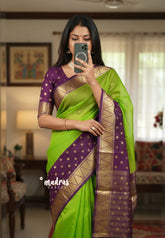 Pretty Parrot Green - Avantika - Semi Mysore silk with Devalaya Zari Border - Perfect for Festival Wear