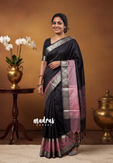 Jet Black - Avantika - Semi Mysore Silk Saree with Big Contrast Border - Perfect for Small Functions