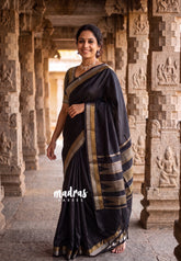 Ebony Black - Avantika - Semi Mysore Silk Saree with Small Border - Perfect for Small Functions
