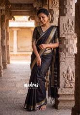 Ebony Black - Avantika - Semi Mysore Silk Saree with Small Border - Perfect for Small Functions