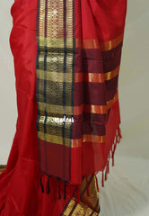 Spicy Red with Maroon - Avantika - Semi Mysore Silk Saree with Traditional Border - Perfect for Wedding Functions