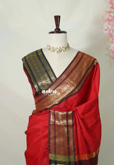 Spicy Red with Maroon - Avantika - Semi Mysore Silk Saree with Traditional Border - Perfect for Wedding Functions