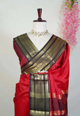 Chilli Red with Brown - Avantika - Semi Mysore Silk Saree with Traditional Border - Perfect for Wedding Functions
