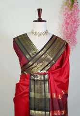 Chilli Red with Brown - Avantika - Semi Mysore Silk Saree with Traditional Border - Perfect for Wedding Functions