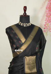Jet Black - Avantika - Semi Mysore Silk with Floral Border - Perfect for Festival Wear | Casual Wear