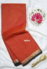 Rust Orange - Avantika - Semi Mysore Silk Saree Zari Checks with Contrast Pallu and Blouse - Perfect for Small Functions