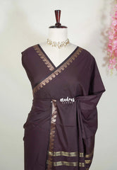Dark Chocolate Brown - Avantika - Semi Mysore Silk Saree with Small Mango Border - Perfect for Small Functions