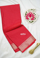 Chilli Red - Avantika - Semi Mysore Silk Saree with Checks Weaving and Zari Border - Perfect for Small Functions