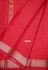 Chilli Red - Avantika - Semi Mysore Silk Saree with Checks Weaving and Zari Border - Perfect for Small Functions