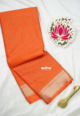 Bright Orange - Avantika - Semi Mysore Silk Saree with Checks Weaving and Zari Border - Perfect for Small Functions