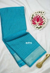 Teal Blue - Avantika - Semi Mysore Silk Saree with Checks Weaving and Zari Border - Perfect for Small Functions