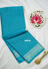 Teal Blue - Avantika - Semi Mysore Silk Saree with Checks Weaving and Zari Border - Perfect for Small Functions
