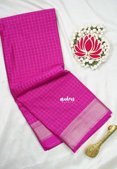 Fuchsia Pink - Avantika - Semi Mysore Silk Saree with Checks Weaving and Zari Border - Perfect for Small Functions