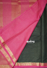 Midnight Green - Avantika - Semi Mysore Silk Saree Zari Checks with Contrast Pallu and Blouse - Perfect for Small Functions