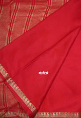 Tomato Red with Leaf - Avantika - Semi Mysore Silk Saree with Small Mango and Leaf Border - Perfect for Small Functions