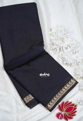 Jet Black with Leaf - Avantika - Semi Mysore Silk Saree with Small Mango and Leaf Border - Perfect for Small Functions