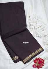 Dark Chocolate Brown with Leaf - Avantika - Semi Mysore Silk Saree with Small Mango and Leaf Border - Perfect for Small Functions