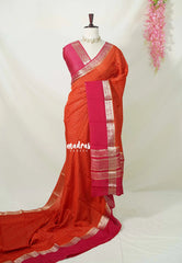 Sunset Orange - Avantika - Semi Mysore Silk Saree Checks with Skirt Border - Perfect for Wedding Functions