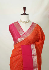 Sunset Orange - Avantika - Semi Mysore Silk Saree Checks with Skirt Border - Perfect for Wedding Functions