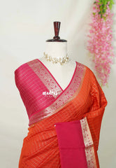 Sunset Orange - Avantika - Semi Mysore Silk Saree Checks with Skirt Border - Perfect for Wedding Functions