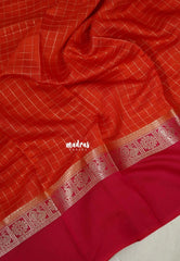 Sunset Orange - Avantika - Semi Mysore Silk Saree Checks with Skirt Border - Perfect for Wedding Functions