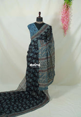 Nightfall Black - Pure Kota Doriya with Bagru Printed Saree - Perfect for Office Wear | Casual Wear | Summer Wear