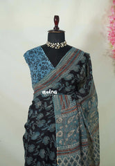 Nightfall Black - Pure Kota Doriya with Bagru Printed Saree - Perfect for Office Wear | Casual Wear | Summer Wear