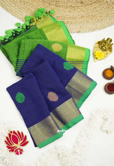 kannamma Handwoven Ballbutta linen Blue with green pallu - Madras Sarees