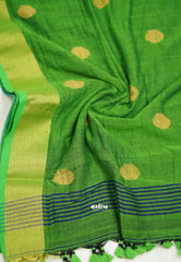 kannamma Handwoven Ballbutta linen Blue with green pallu - Madras Sarees