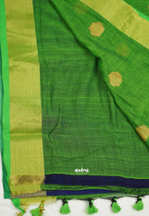 kannamma Handwoven Ballbutta linen Blue with green pallu - Madras Sarees