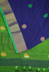 kannamma Handwoven Ballbutta linen Blue with green pallu - Madras Sarees