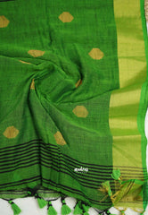 kannamma Handwoven Ballbutta linen Black with green pallu - Nayanthara award saree - Madras Sarees