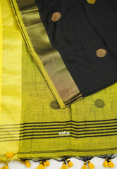 kannamma Handwoven Ballbutta linen Black with yellow pallu - singer chitra saree - Madras Sarees