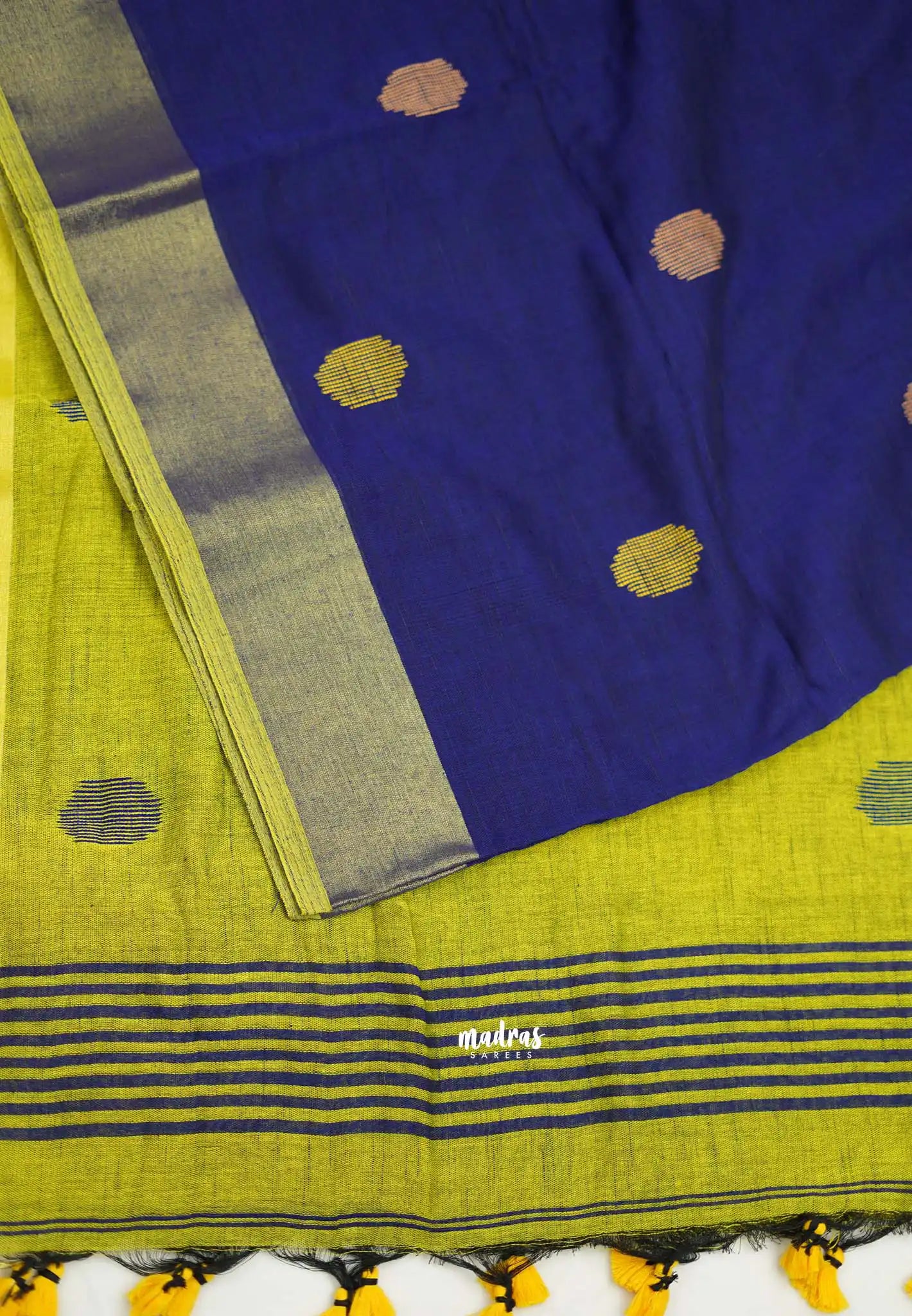 kannamma Handwoven Ballbutta linen Blue with yellow pallu - Madras Sarees