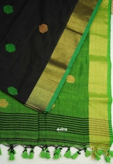 kannamma Handwoven Ballbutta linen Black with green pallu - Nayanthara award saree - Madras Sarees
