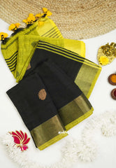 kannamma Handwoven Ballbutta linen Black with yellow pallu - singer chitra saree - Madras Sarees