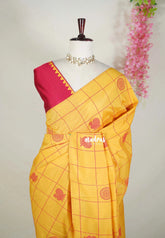 Mustard Yellow - Sowmiya - Bamboo Cotton with Handblock Checks with Peacock Print Double Blouse Combo - Perfect for Office Wear | Summer Wear | Casual Occasions
