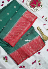 Classic Green - Durga - Banarasi Premium Viscose Silk Saree Checks in Border and Buttas - Best for Pooja Functions | Diwali Festive
