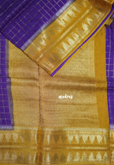 Royal Purple - Durga - Banarasi Premium Viscose Silk Zari Checks with Rettapet Temple Border - Best for Pooja Functions | Diwali Festive
