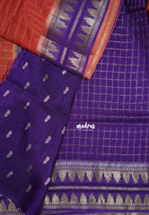 Rust Orange - Durga - Banarasi Premium Viscose Silk Zari Checks with Rettapet Temple Border - Best for Pooja Functions | Diwali Festive