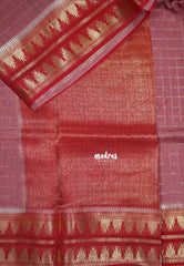 Antique Mauve Pink - Durga - Banarasi Premium Viscose Silk Zari Checks with Rettapet Temple Border - Best for Pooja Functions | Diwali Festive