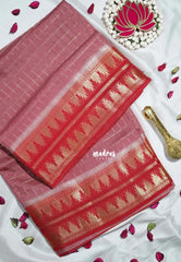 Antique Mauve Pink - Durga - Banarasi Premium Viscose Silk Zari Checks with Rettapet Temple Border - Best for Pooja Functions | Diwali Festive