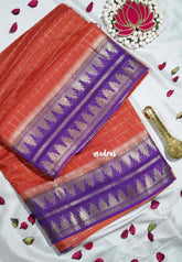 Rust Orange - Durga - Banarasi Premium Viscose Silk Zari Checks with Rettapet Temple Border - Best for Pooja Functions | Diwali Festive