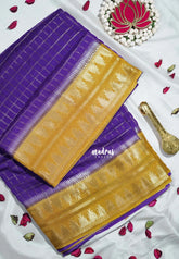 Royal Purple - Durga - Banarasi Premium Viscose Silk Zari Checks with Rettapet Temple Border - Best for Pooja Functions | Diwali Festive